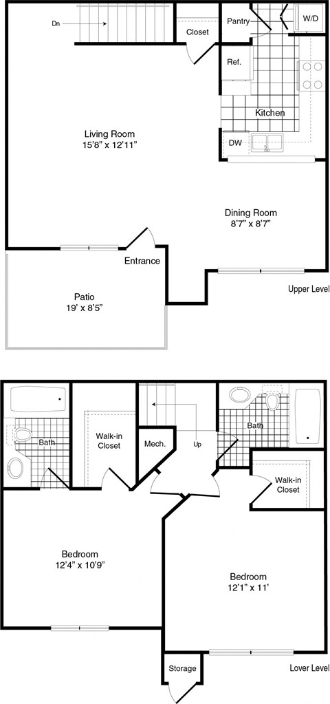 A floor plan of a two-story house with a living room, dining room, kitchen, two bedrooms, a bathroom, a walk-in closet, and a storage area.